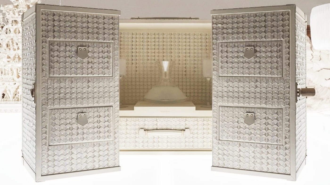 Ice Trunk, mueble bar de cuero blanco trenzado de Serapian, Homo Faber 2026